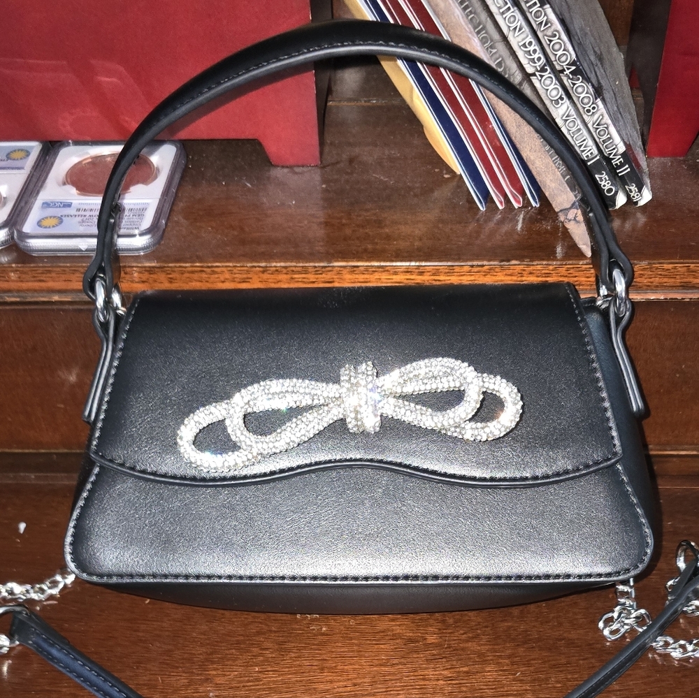 Black Small Hanbag With Rhinestone And Silver Accents